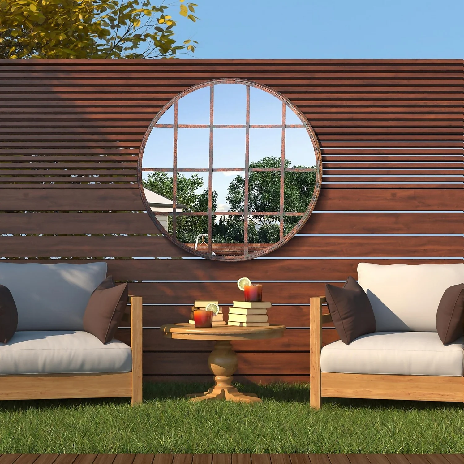 MirrorOutlet Metal Round Decorative Window Garden Mirror - 80cm 2 MirrorOutlet Metal Round Decorative Window Garden Mirror - 80cm - Image 2